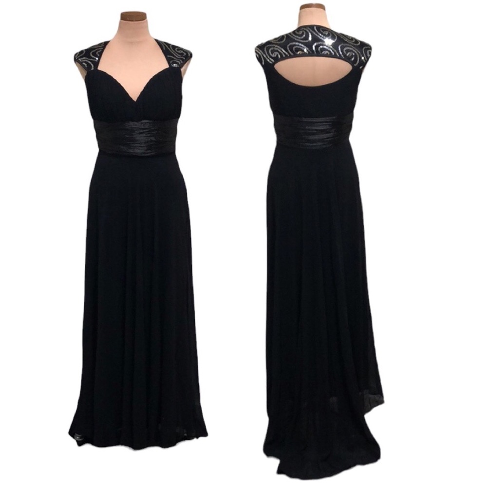 Everpretty Gown Formal Maxi Dress Size US 8 Black Silver Sequin Cut Out Back